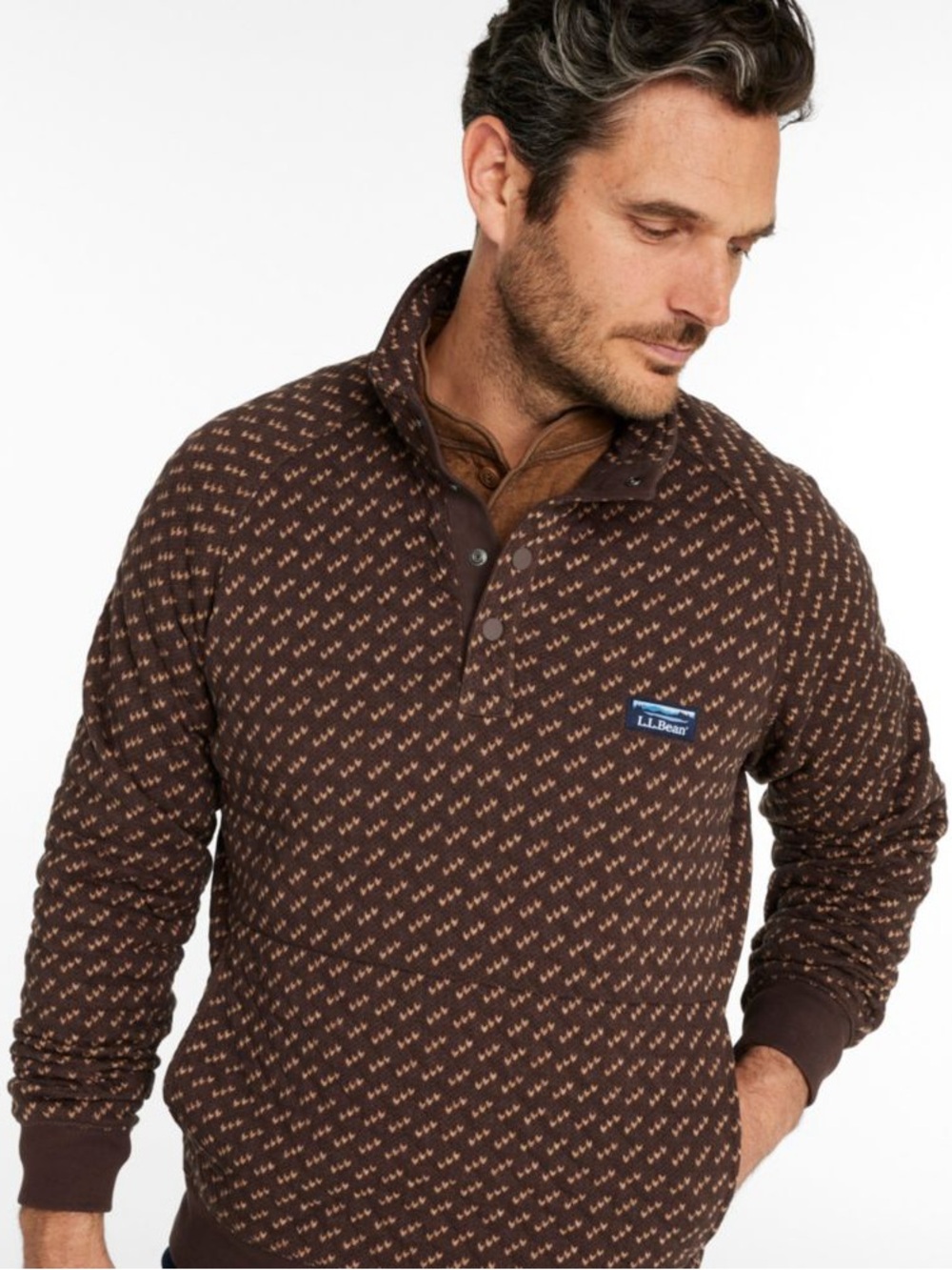 LL‎ Bean Quilted Sweatshirt Mockneck Print Brown Pullover Mens XL